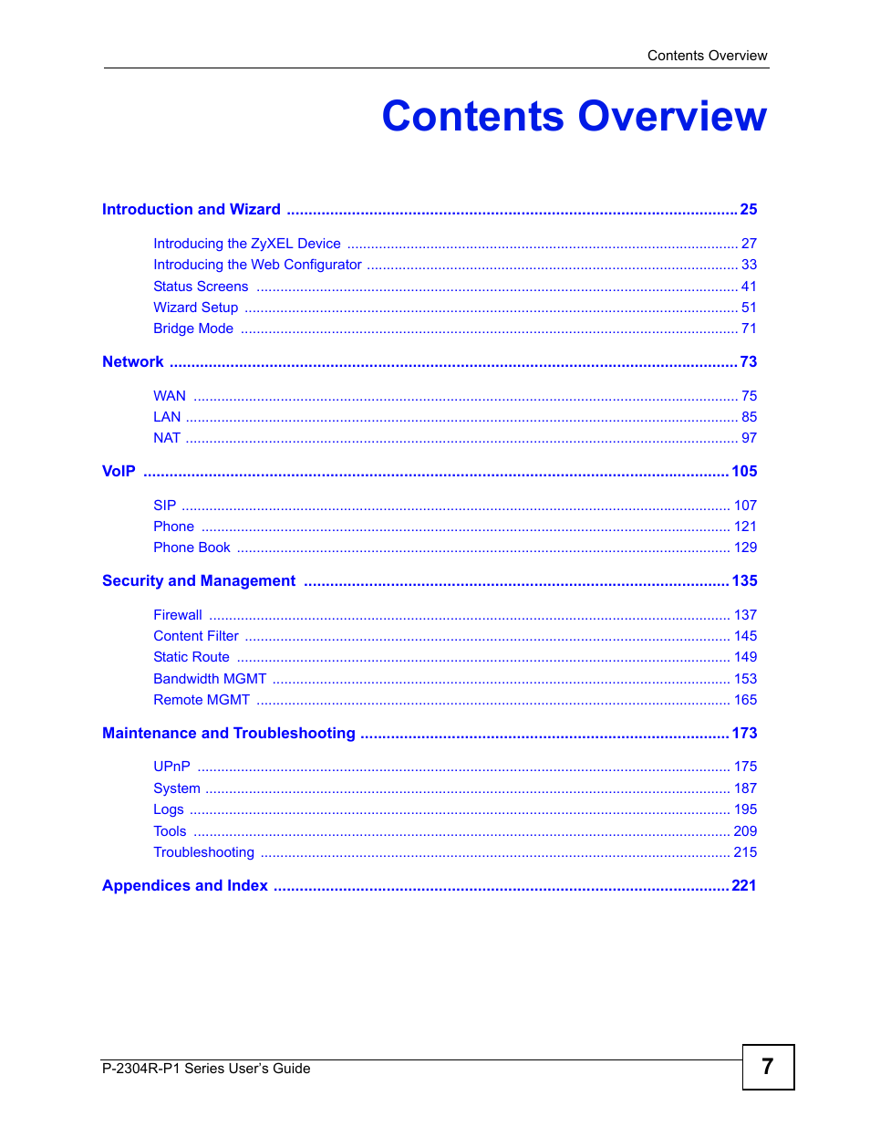 Contents overview | ZyXEL Communications P-2304R-P1 Series User Manual | Page 7 / 300