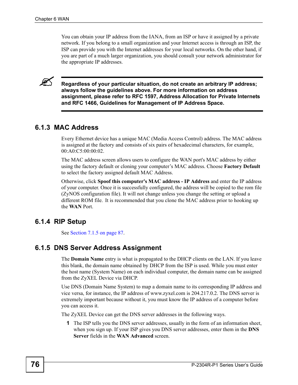 3 mac address, 4 rip setup, 5 dns server address assignment | 4 rip setup 6.1.5 dns server address assignment | ZyXEL Communications P-2304R-P1 Series User Manual | Page 76 / 300