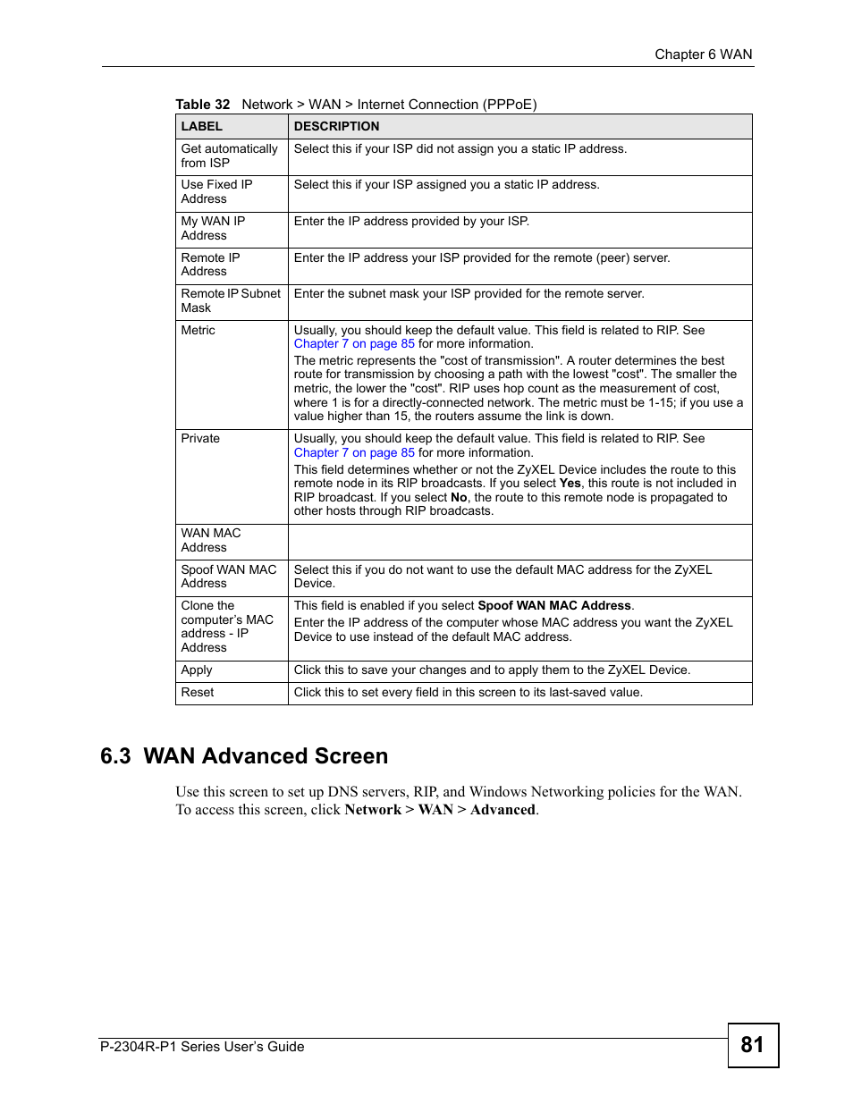 3 wan advanced screen, 81 6.3 wan advanced screen | ZyXEL Communications P-2304R-P1 Series User Manual | Page 81 / 300
