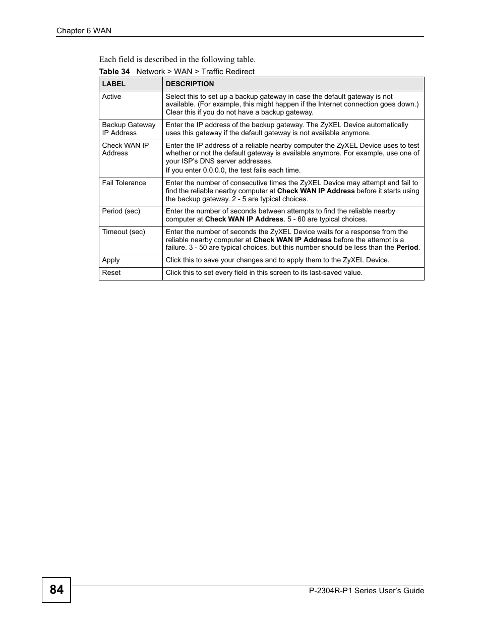 Table 34 network > wan > traffic redirect | ZyXEL Communications P-2304R-P1 Series User Manual | Page 84 / 300