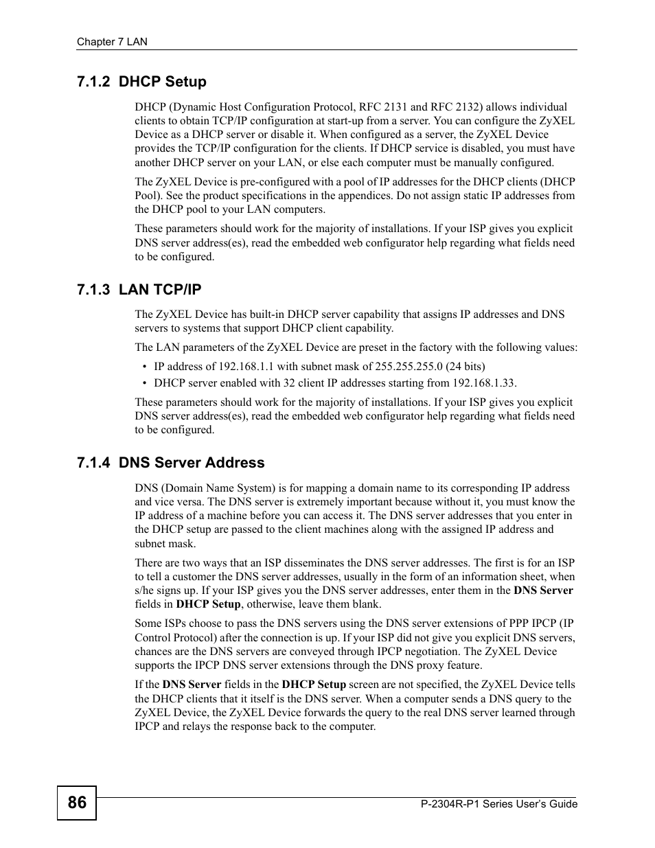 2 dhcp setup, 3 lan tcp/ip, 4 dns server address | ZyXEL Communications P-2304R-P1 Series User Manual | Page 86 / 300