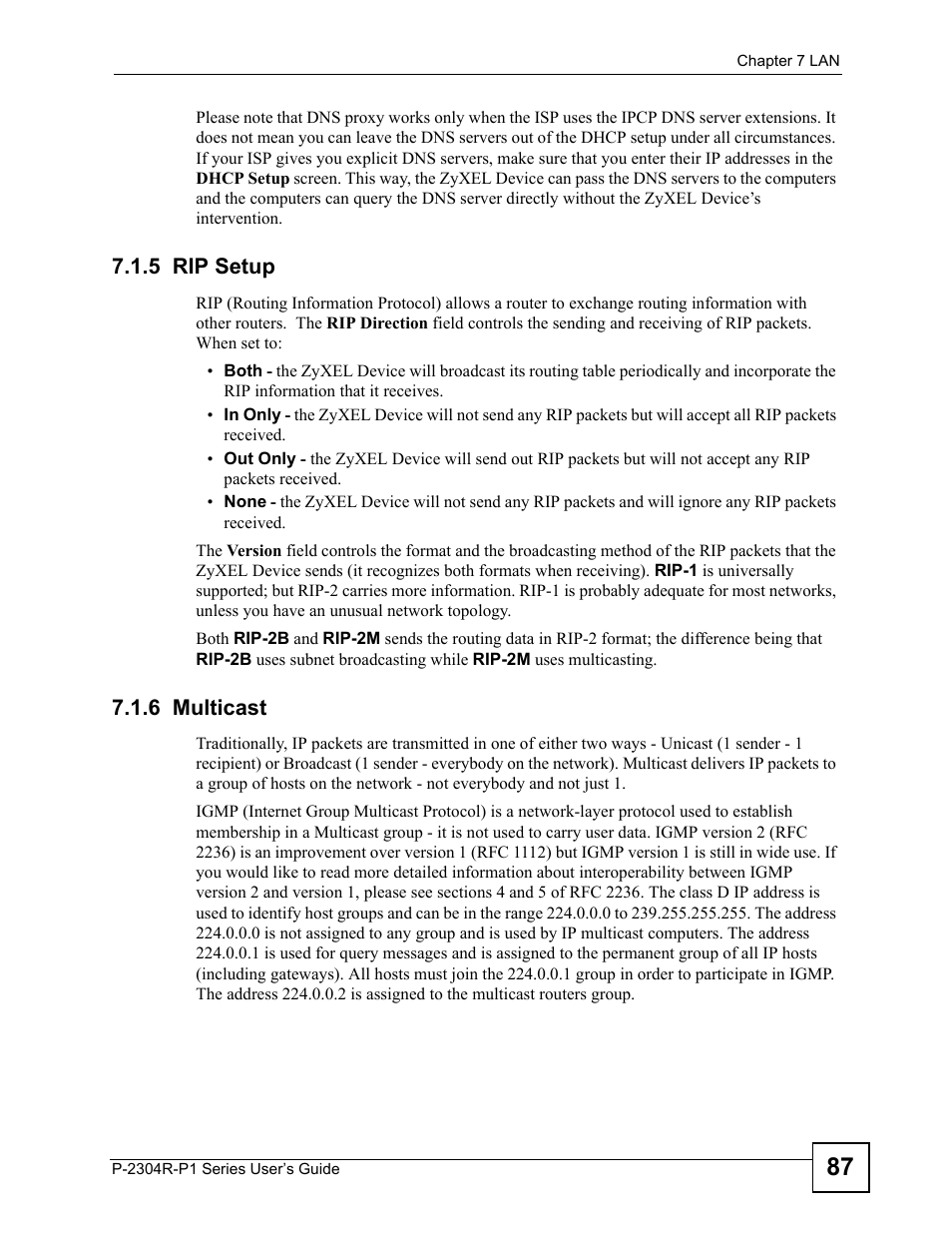 5 rip setup, 6 multicast, 5 rip setup 7.1.6 multicast | ZyXEL Communications P-2304R-P1 Series User Manual | Page 87 / 300