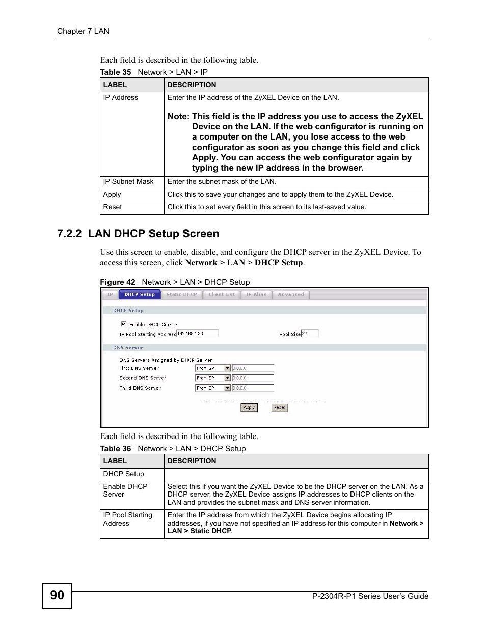 2 lan dhcp setup screen, Figure 42 network > lan > dhcp setup | ZyXEL Communications P-2304R-P1 Series User Manual | Page 90 / 300