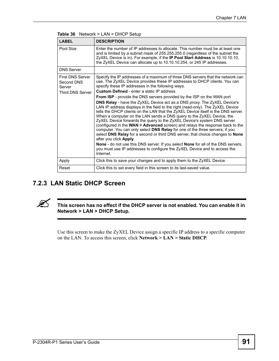 3 lan static dhcp screen | ZyXEL Communications P-2304R-P1 Series User Manual | Page 91 / 300