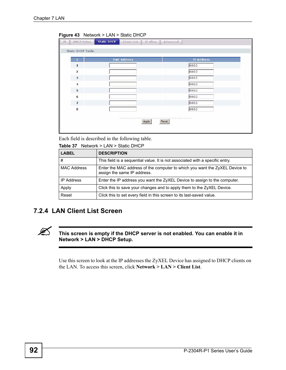 4 lan client list screen, Figure 43 network > lan > static dhcp, Table 37 network > lan > static dhcp | ZyXEL Communications P-2304R-P1 Series User Manual | Page 92 / 300