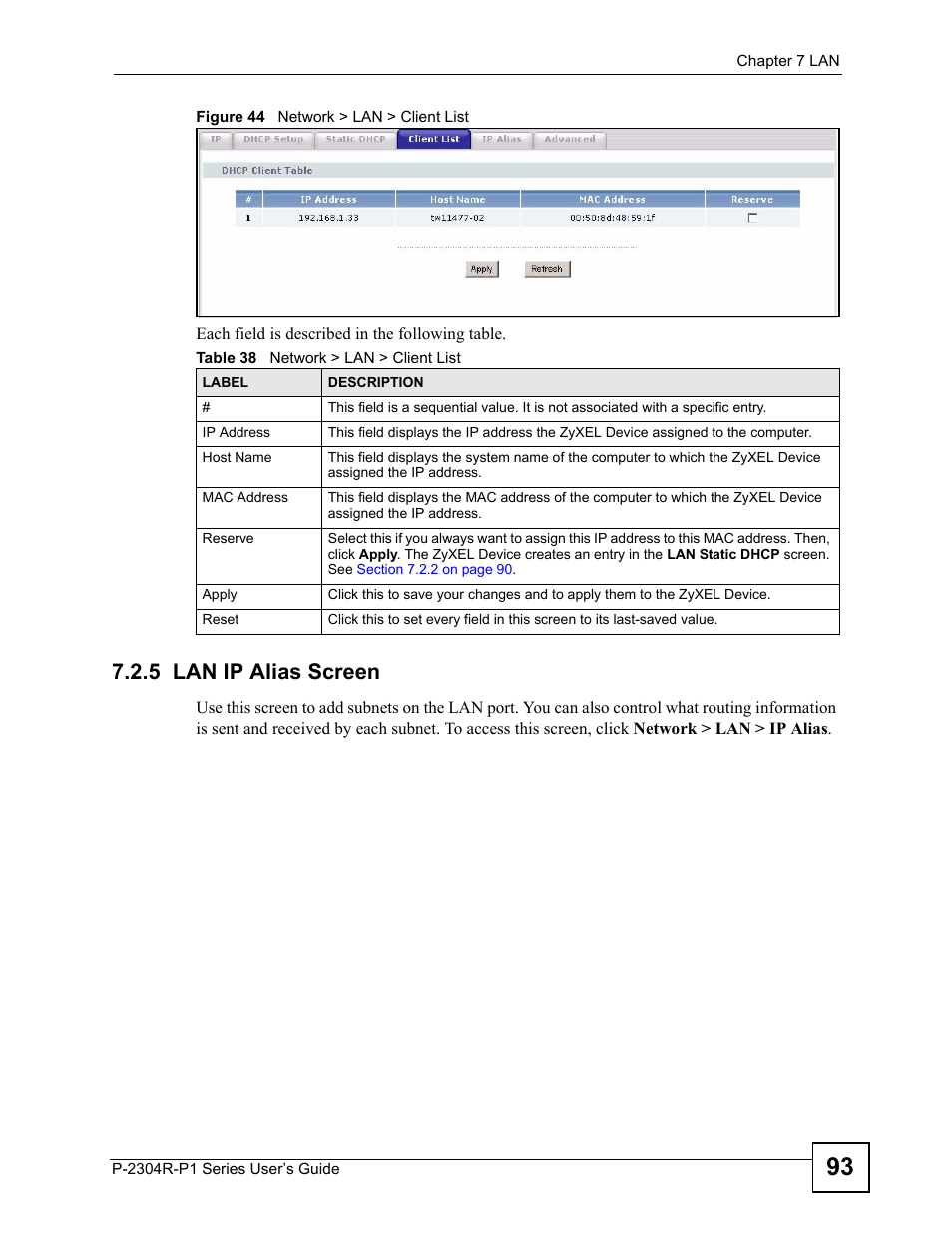 5 lan ip alias screen, Figure 44 network > lan > client list, Table 38 network > lan > client list | ZyXEL Communications P-2304R-P1 Series User Manual | Page 93 / 300
