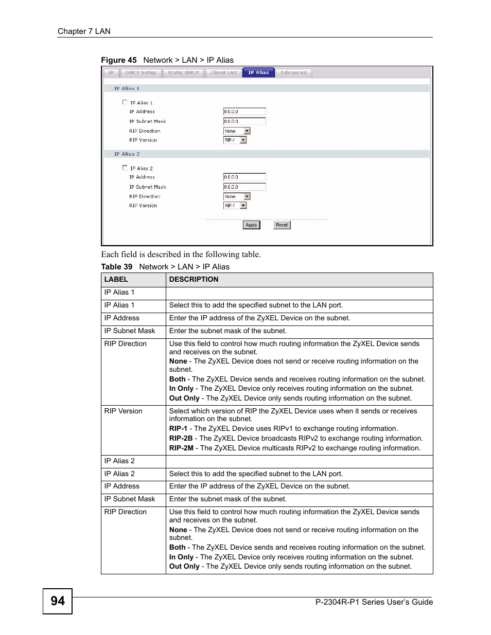 Figure 45 network > lan > ip alias, Table 39 network > lan > ip alias | ZyXEL Communications P-2304R-P1 Series User Manual | Page 94 / 300