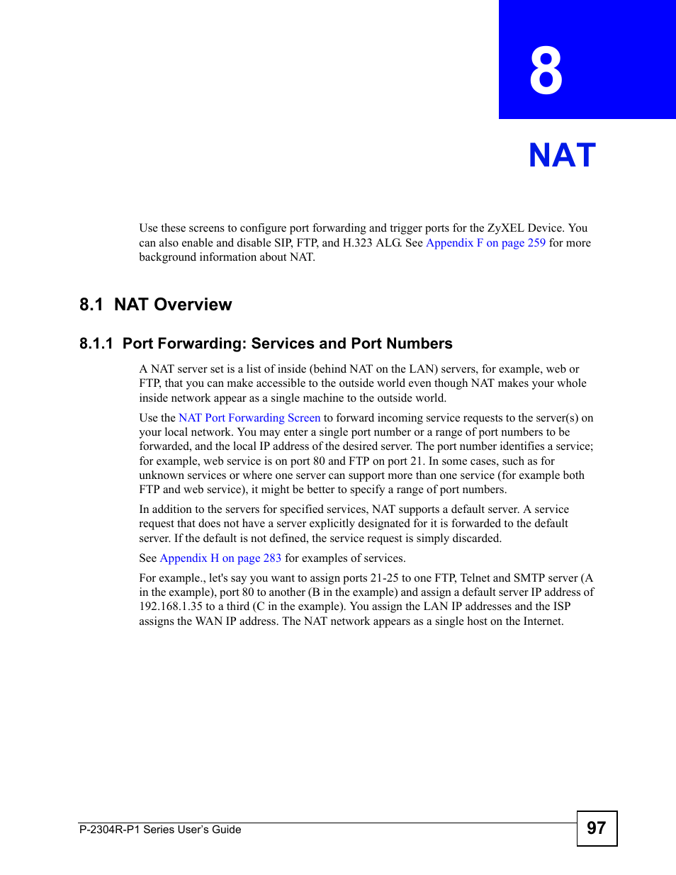 1 nat overview, 1 port forwarding: services and port numbers, Chapter 8 nat | ZyXEL Communications P-2304R-P1 Series User Manual | Page 97 / 300