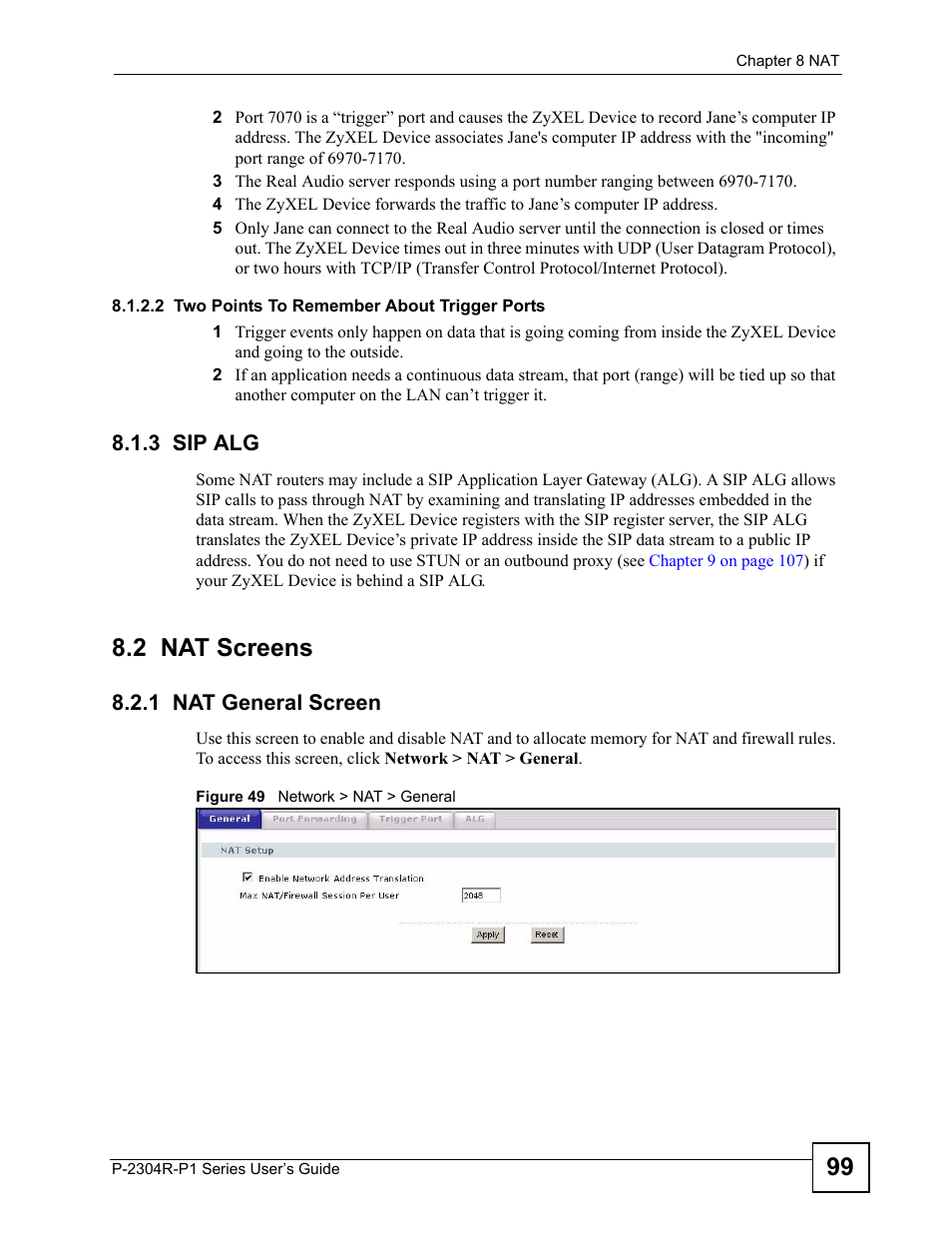 3 sip alg, 2 nat screens, 1 nat general screen | Figure 49 network > nat > general | ZyXEL Communications P-2304R-P1 Series User Manual | Page 99 / 300