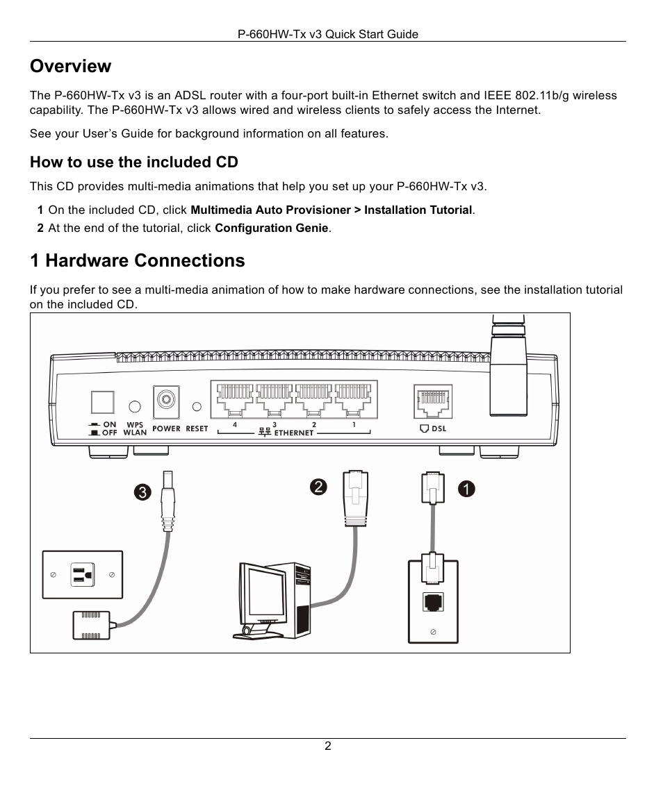 Overview, 1 hardware connections | ZyXEL Communications P-660HW-TX V3 User Manual | Page 2 / 6
