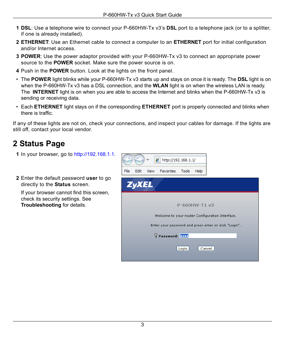 2 status page | ZyXEL Communications P-660HW-TX V3 User Manual | Page 3 / 6