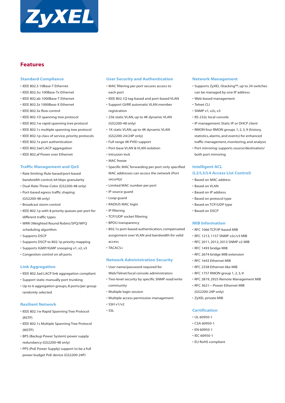 Features | ZyXEL Communications GS2200-48 User Manual | Page 3 / 4