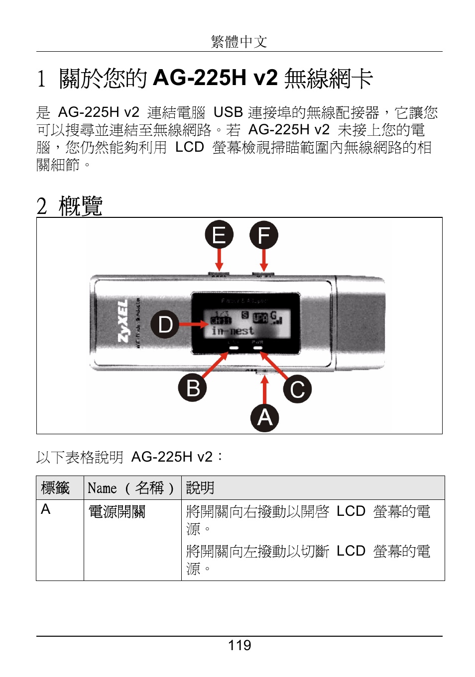 Ûw÷–œƒ, 1 關於您的ag-225h v2無線網卡, 2 概覽 | 繁體中文 | ZyXEL Communications ZyXEL ZyAIR AG-225H v2 User Manual | Page 121 / 133