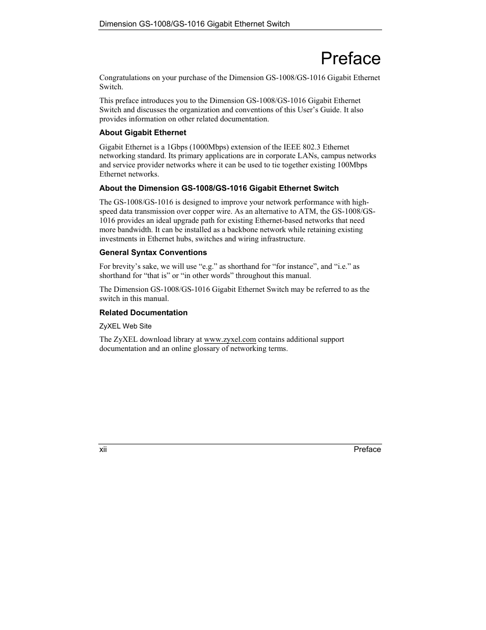 Preface | ZyXEL Communications ZyXEL Dimension GS-1008 User Manual | Page 12 / 32