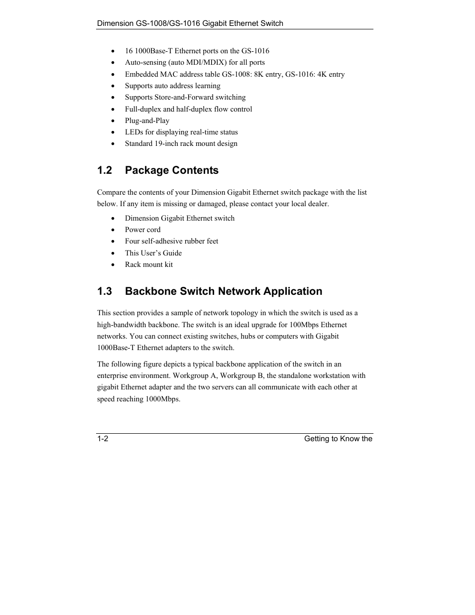 Package contents, Backbone switch network application, 2 package contents | 3 backbone switch network application | ZyXEL Communications ZyXEL Dimension GS-1008 User Manual | Page 14 / 32