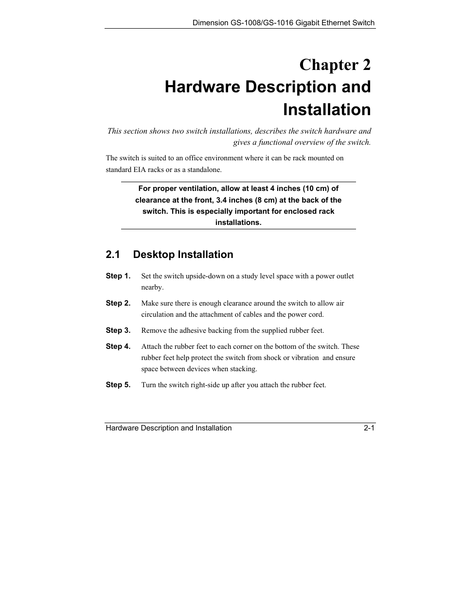 Hardware description and installation, Desktop installation, Chapter 2 hardware description and installation | ZyXEL Communications ZyXEL Dimension GS-1008 User Manual | Page 17 / 32