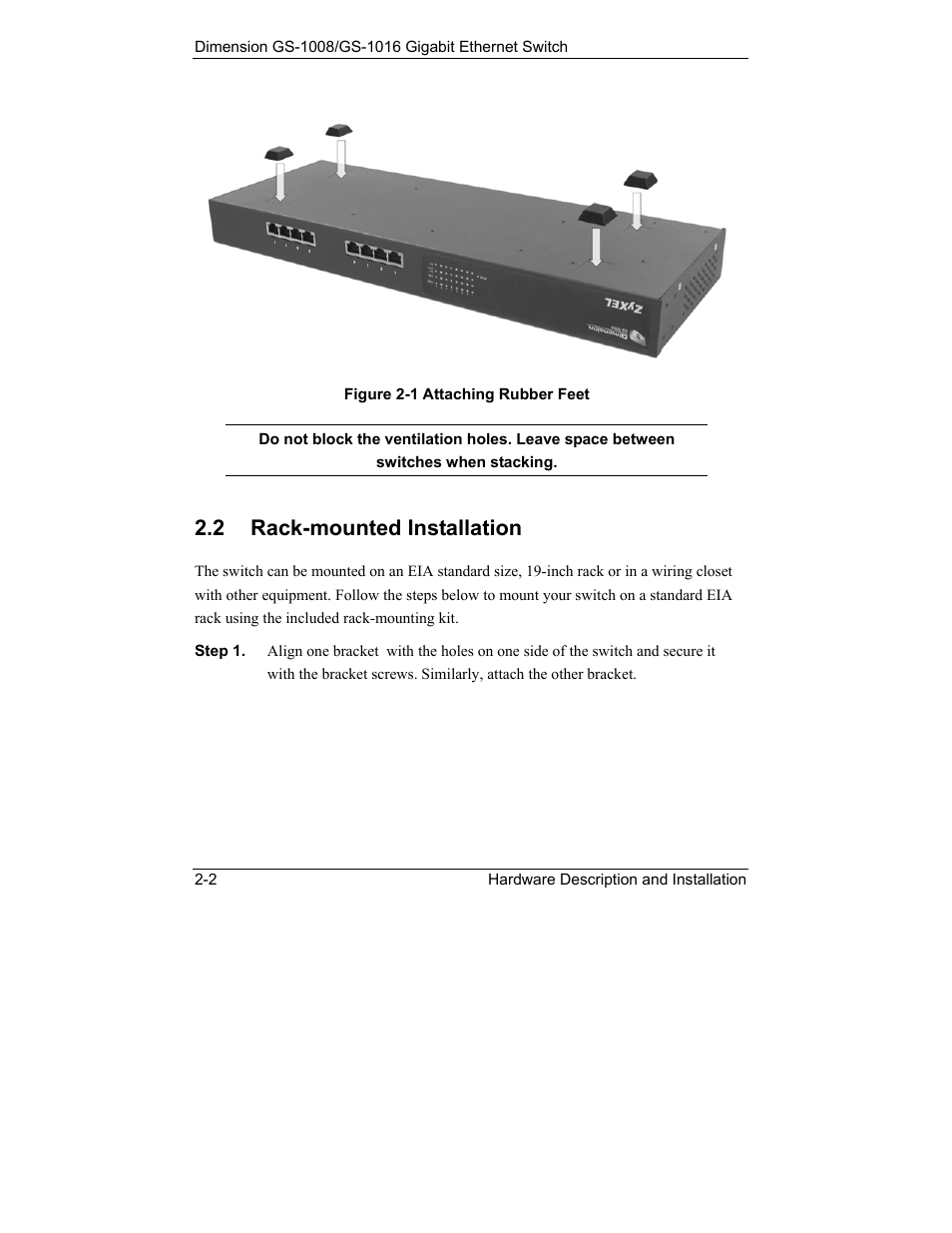 Rack-mounted installation, 2 rack-mounted installation | ZyXEL Communications ZyXEL Dimension GS-1008 User Manual | Page 18 / 32