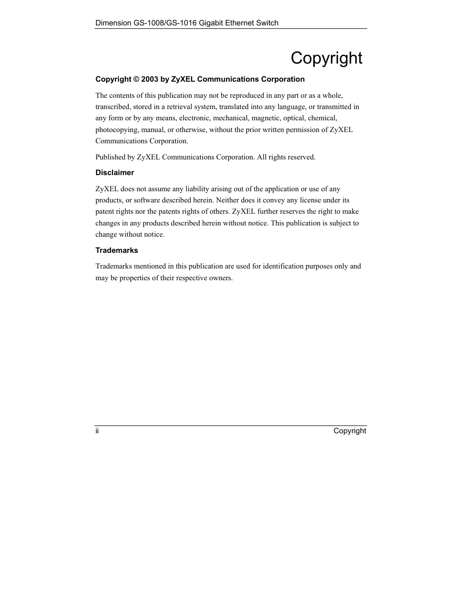Copyright | ZyXEL Communications ZyXEL Dimension GS-1008 User Manual | Page 2 / 32