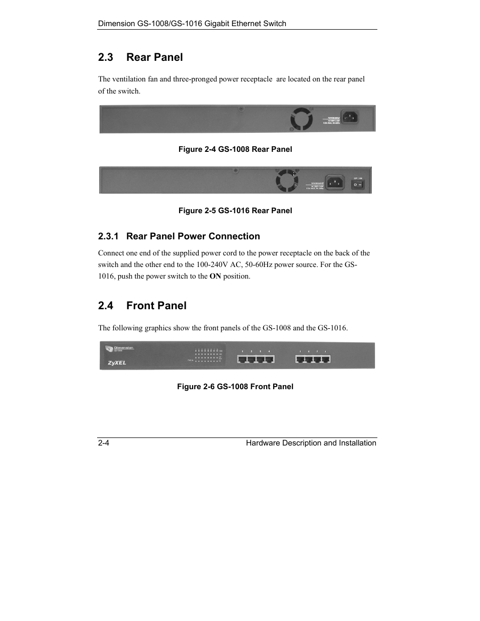 Rear panel, Front panel, 3 rear panel | 4 front panel | ZyXEL Communications ZyXEL Dimension GS-1008 User Manual | Page 20 / 32