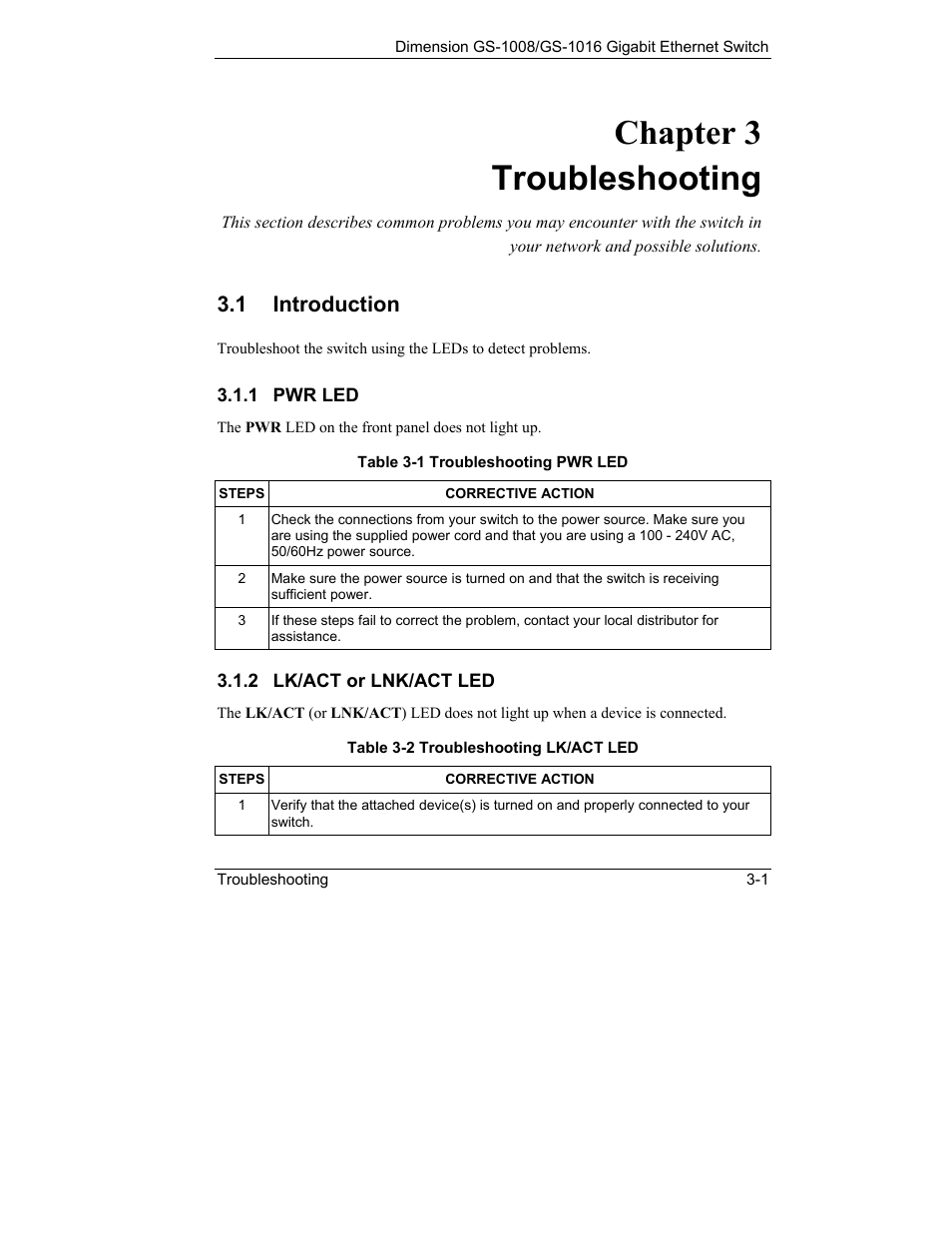 Troubleshooting, Introduction, Chapter 3 troubleshooting | 1 introduction | ZyXEL Communications ZyXEL Dimension GS-1008 User Manual | Page 25 / 32