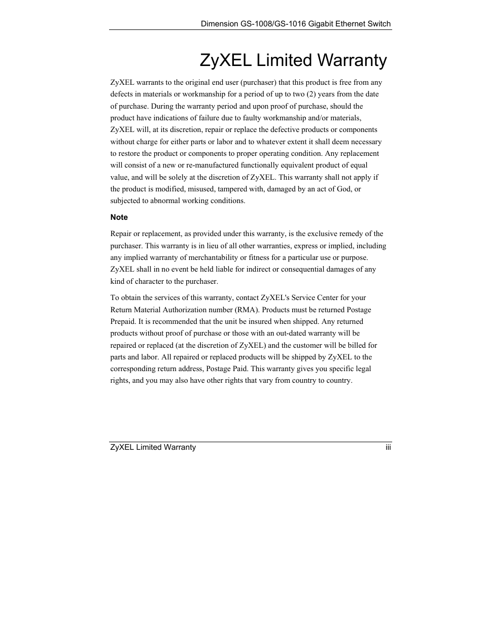 Zyxel limited warranty | ZyXEL Communications ZyXEL Dimension GS-1008 User Manual | Page 3 / 32
