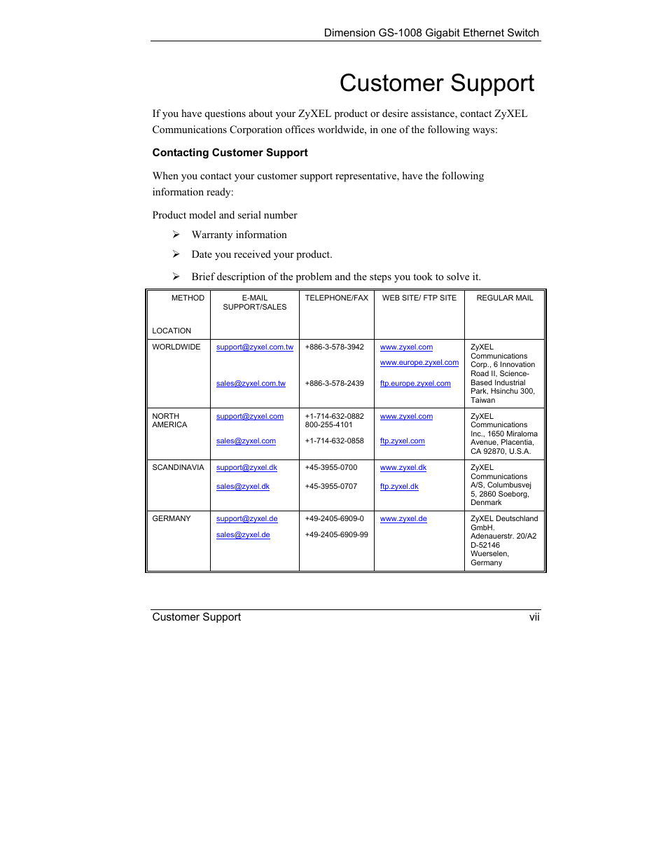 Customer support | ZyXEL Communications ZyXEL Dimension GS-1008 User Manual | Page 7 / 32