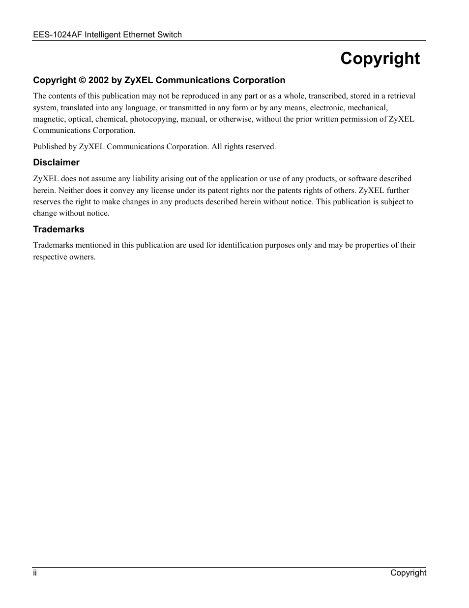 Copyright | ZyXEL Communications EES-1024AF User Manual | Page 2 / 99