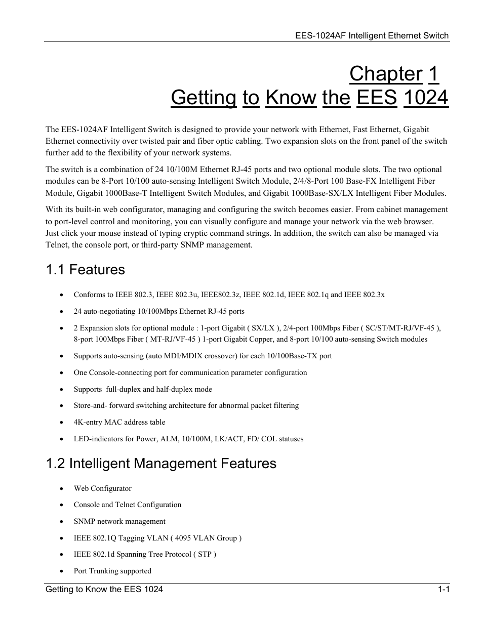 Getting to know the ees 1024, Features, Intelligent management features | Chapter 1, Getting to know the ees 1024 -1, 1 features, 2 intelligent management features | ZyXEL Communications EES-1024AF User Manual | Page 21 / 99