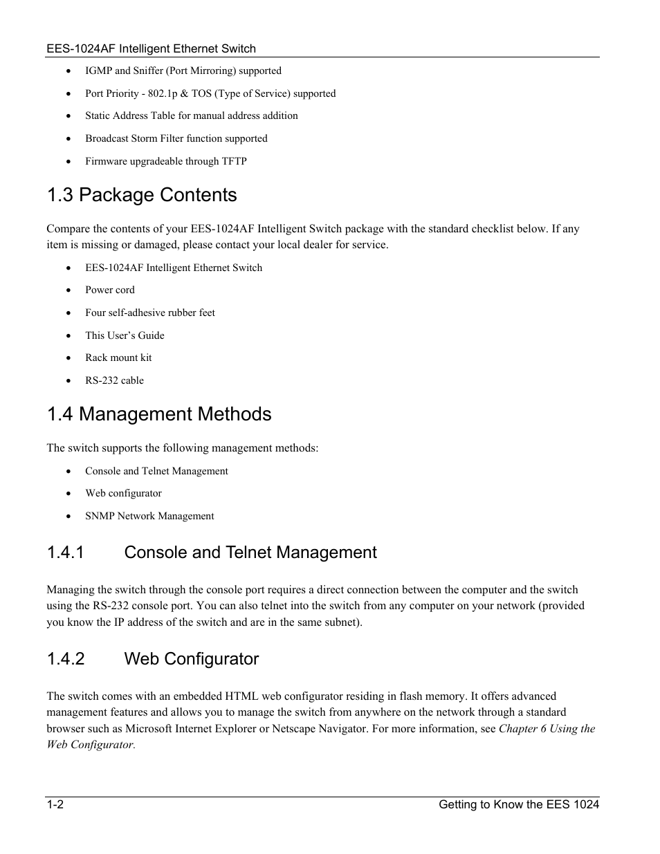 Package contents, Management methods, Console and telnet management | Web configurator, 3 package contents -2 1.4 management methods -2, Console and telnet management -2, 2 web, Configurator -2, 3 package contents, 4 management methods | ZyXEL Communications EES-1024AF User Manual | Page 22 / 99