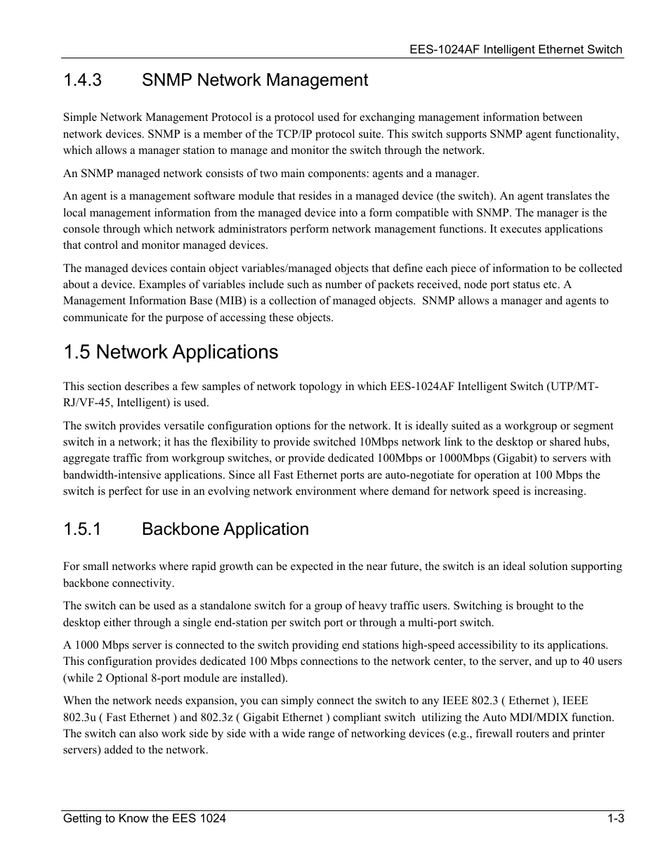 Snmp network management, Network applications, Backbone application | Snmp network management -3, 5 network applications -3, 1 backbone, Application -3, 5 network applications, 3 snmp network management, 1 backbone application | ZyXEL Communications EES-1024AF User Manual | Page 23 / 99