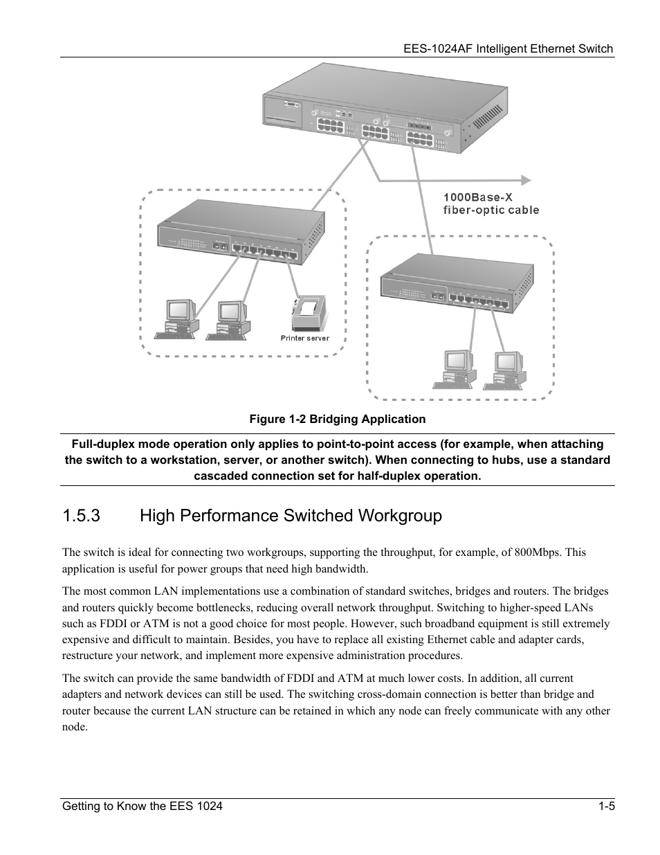High performance switched workgroup, High performance switched workgroup -5, Figure 1-2 bridging application -5 | 3 high performance switched workgroup | ZyXEL Communications EES-1024AF User Manual | Page 25 / 99