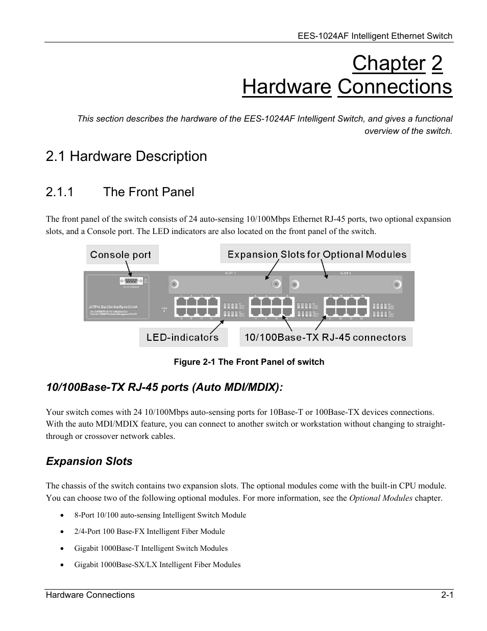 Hardware connections, Hardware description, The front panel | Chapter 2, Hardware connections -1, 1 hardware description -1, The front panel -1, Figure 2-1 the front panel of switch -1, Chapter 2 hardware connections, 1 hardware description | ZyXEL Communications EES-1024AF User Manual | Page 29 / 99
