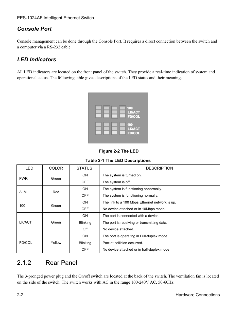 Rear panel, 2 rear, Panel -2 | Figure 2-2 the led -2, Table 2-1 the led descriptions -2, 2 rear panel, Console port, Led indicators | ZyXEL Communications EES-1024AF User Manual | Page 30 / 99