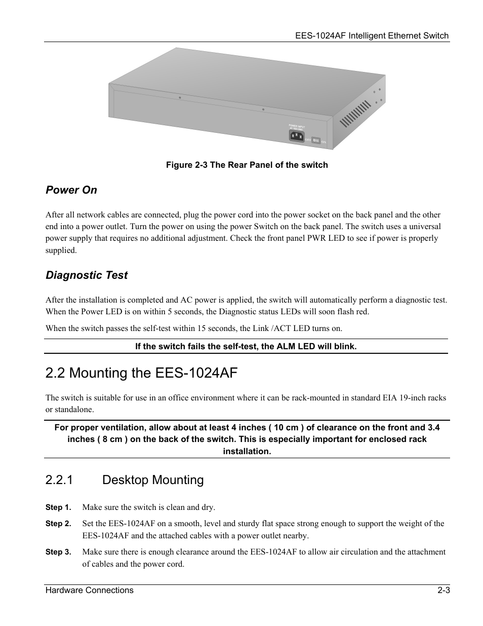 Mounting the ees-1024af, Desktop mounting, 2 mounting the ees-1024af -3 | 1 desktop, Mounting -3, Figure 2-3 the rear panel of the switch -3, 1 desktop mounting | ZyXEL Communications EES-1024AF User Manual | Page 31 / 99