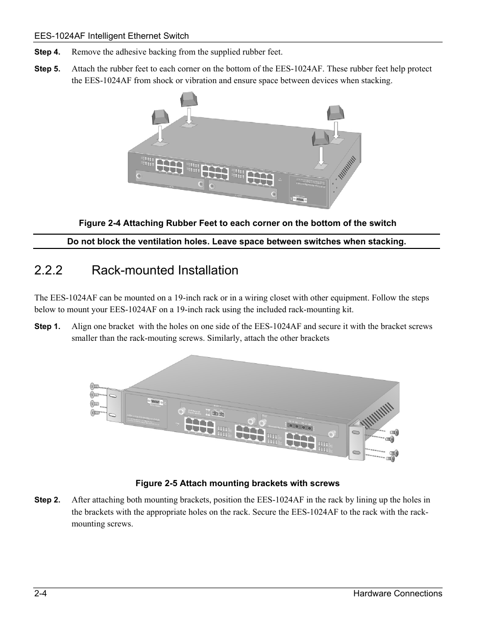 Rack-mounted installation, 2 rack-mounted, Installation -4 | 2 rack-mounted installation | ZyXEL Communications EES-1024AF User Manual | Page 32 / 99