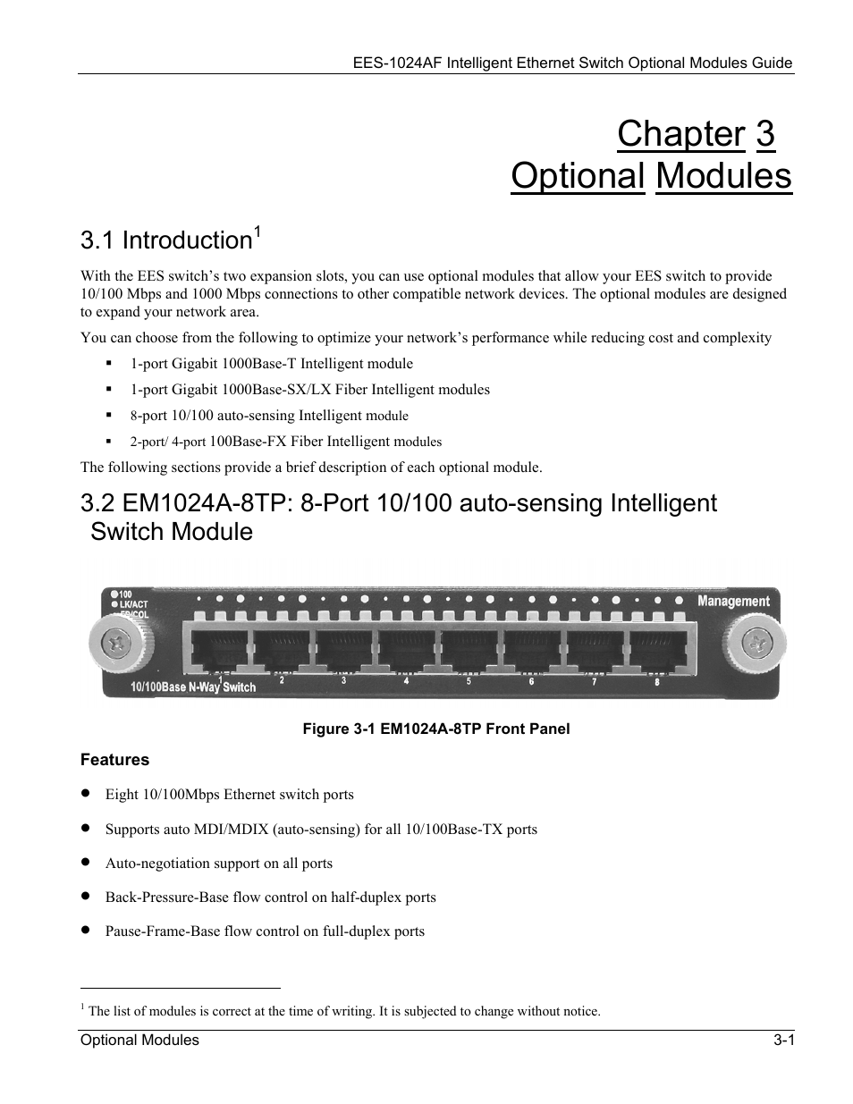 Optional modules, Introduction, Chapter 3 | Optional modules -1, Figure 3-1 em1024a-8tp front panel -1, Chapter 3 optional modules, 1 introduction | ZyXEL Communications EES-1024AF User Manual | Page 35 / 99