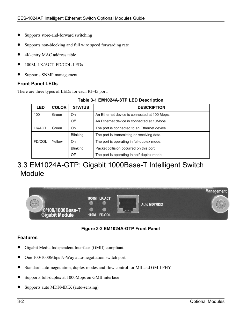 Figure 3-2 em1024a-gtp front panel -2, Table 3-1 em1024a-8tp led description -2 | ZyXEL Communications EES-1024AF User Manual | Page 36 / 99