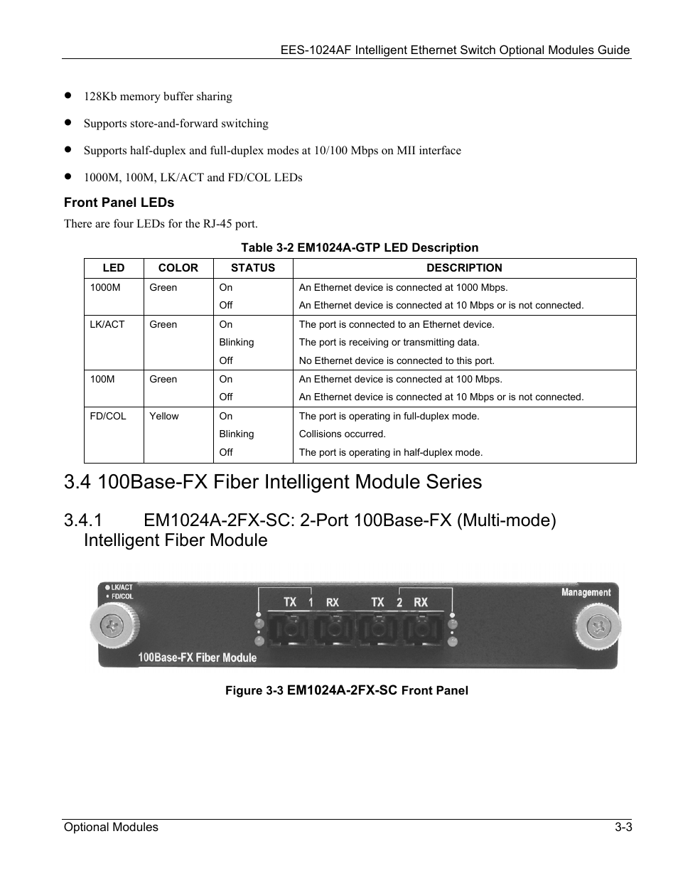 100base-fx fiber intelligent module series, 4 100base-fx fiber intelligent module series -3, Figure 3-3 em1024a-2fx-sc front panel -3 | Table 3-2 em1024a-gtp led description -3, 4 100base-fx fiber intelligent module series | ZyXEL Communications EES-1024AF User Manual | Page 37 / 99