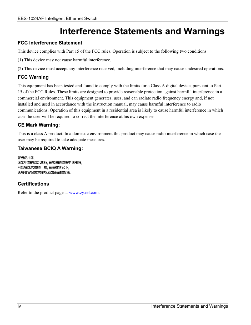 Interference statements and warnings | ZyXEL Communications EES-1024AF User Manual | Page 4 / 99