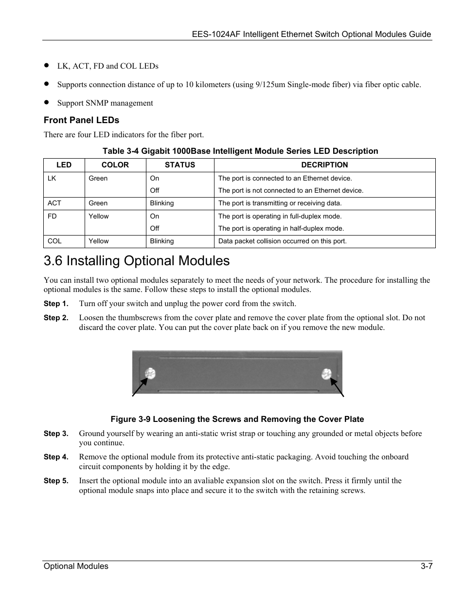 Installing optional modules, 6 installing optional modules -7, 6 installing optional modules | ZyXEL Communications EES-1024AF User Manual | Page 41 / 99