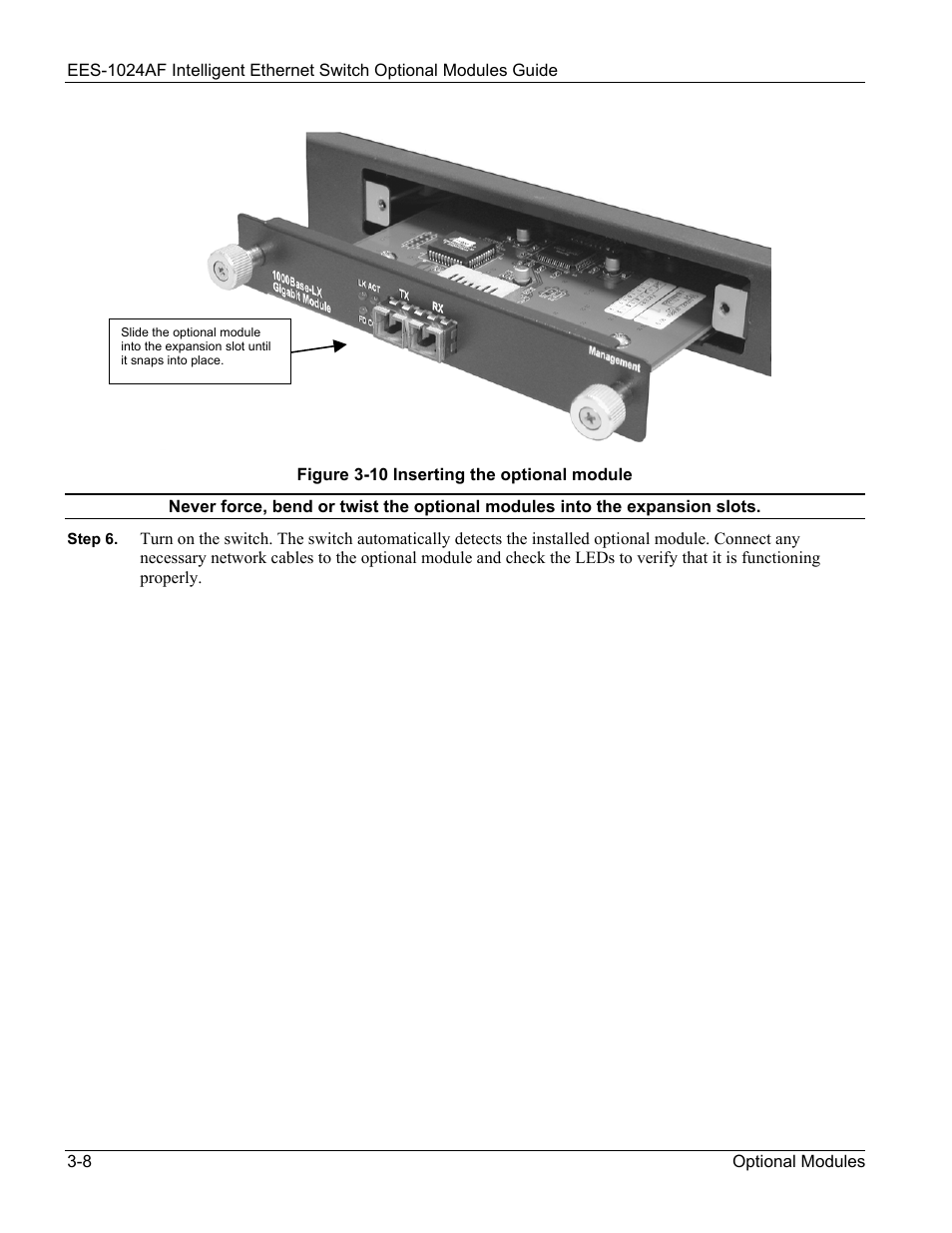 Figure 3-10 inserting the optional module -8 | ZyXEL Communications EES-1024AF User Manual | Page 42 / 99
