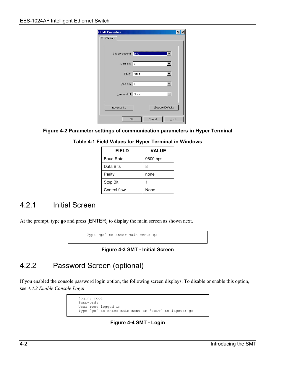 Initial screen, Password screen (optional), 1 initial screen -2 4.2.2 | Password screen (optional) -2, 1 initial screen, 2 password screen (optional) | ZyXEL Communications EES-1024AF User Manual | Page 44 / 99