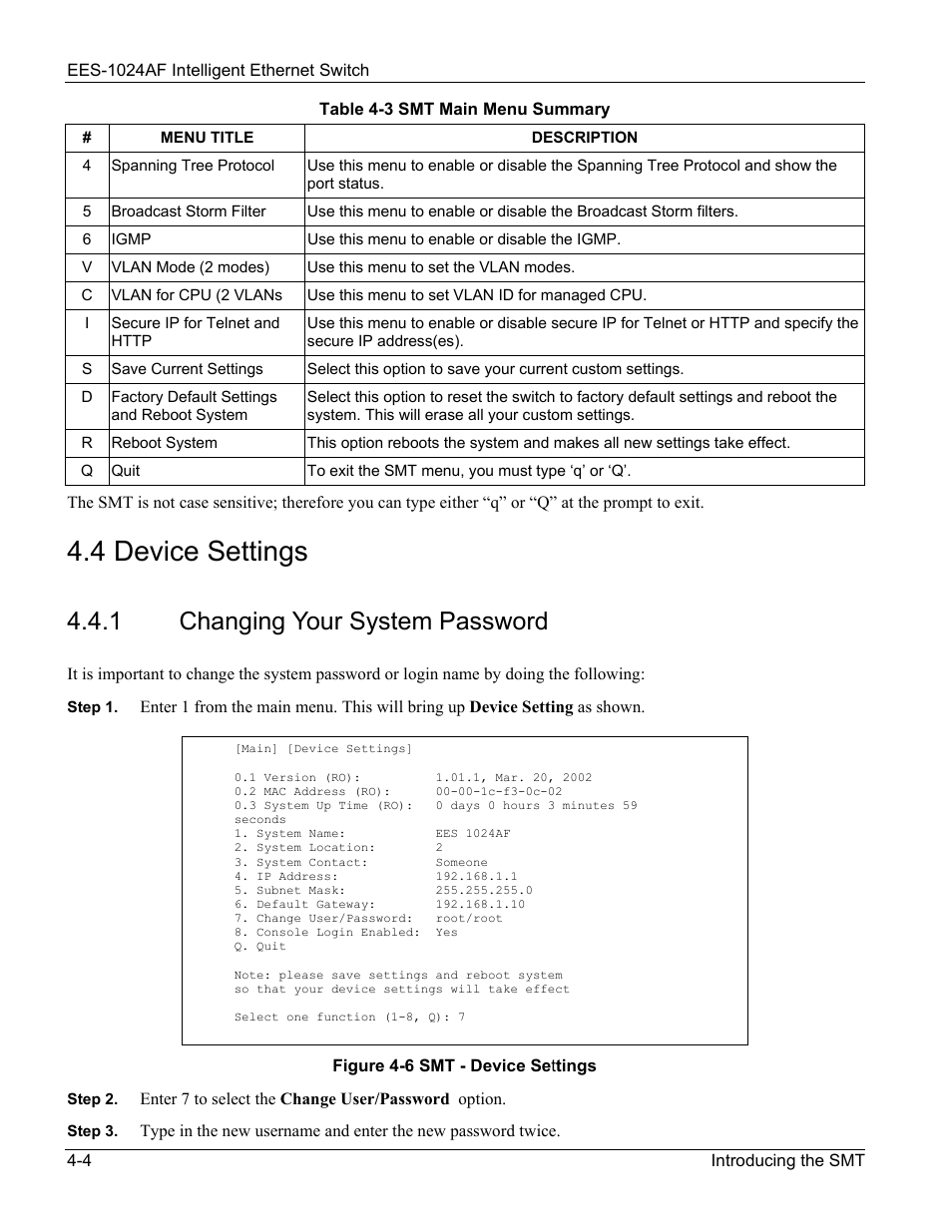 Device settings, Changing your system password, 4 device settings -4 | Changing your system password -4, Figure 4-6 smt - device settings -4, 4 device settings, 1 changing your system password | ZyXEL Communications EES-1024AF User Manual | Page 46 / 99