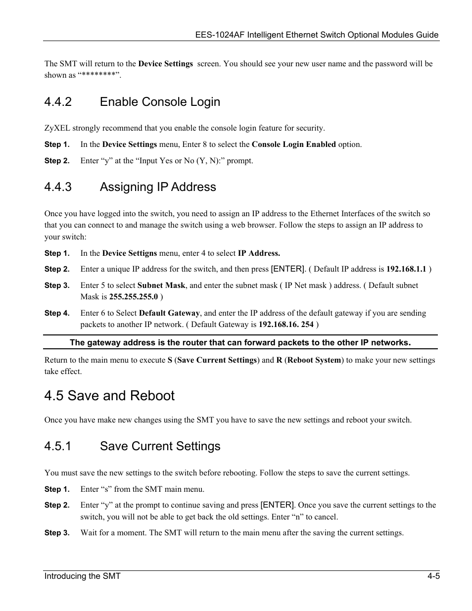 Enable console login, Assigning ip address, Save and reboot | Save current settings, Enable console login -5, 3 assigning, Address -5, 5 save and reboot -5, Save current settings -5, 5 save and reboot | ZyXEL Communications EES-1024AF User Manual | Page 47 / 99