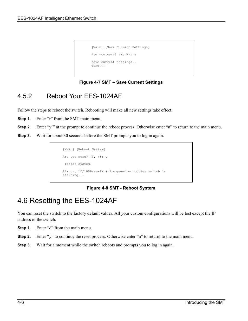 Reboot your ees-1024af, Resetting the ees-1024af, 2 reboot | Your, Ees-1024af -6, 6 resetting the ees-1024af -6 | ZyXEL Communications EES-1024AF User Manual | Page 48 / 99
