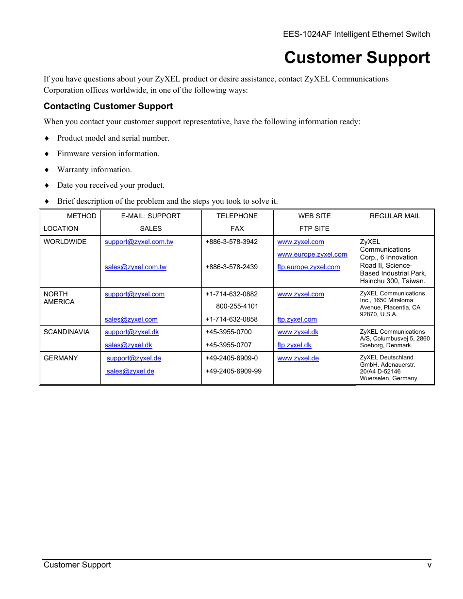 Customer support | ZyXEL Communications EES-1024AF User Manual | Page 5 / 99