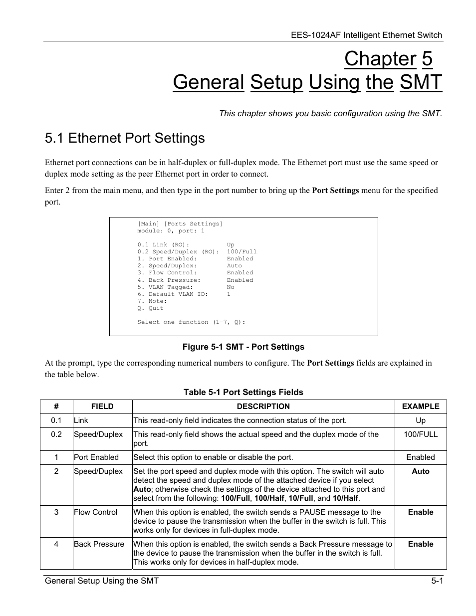 General setup using the smt, Ethernet port settings, Chapter 5 | General setup using the smt -1, 1 ethernet port settings -1, Figure 5-1 smt - port settings -1, Table 5-1 port settings fields -1, Chapter 5 general setup using the smt, 1 ethernet port settings | ZyXEL Communications EES-1024AF User Manual | Page 51 / 99