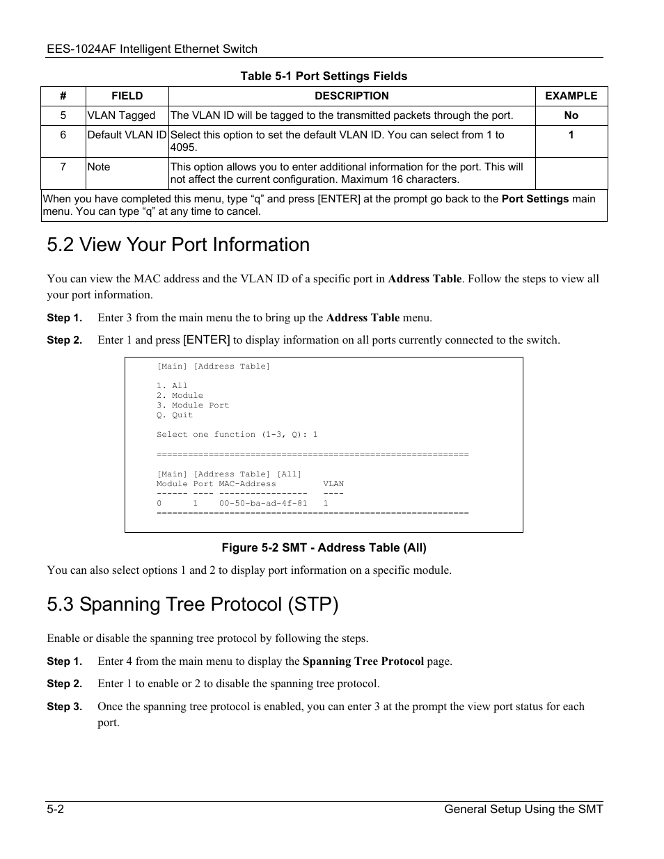 View your port information, Spanning tree protocol (stp), Figure 5-2 smt - address table (all) -2 | 2 view your port information, 3 spanning tree protocol (stp) | ZyXEL Communications EES-1024AF User Manual | Page 52 / 99