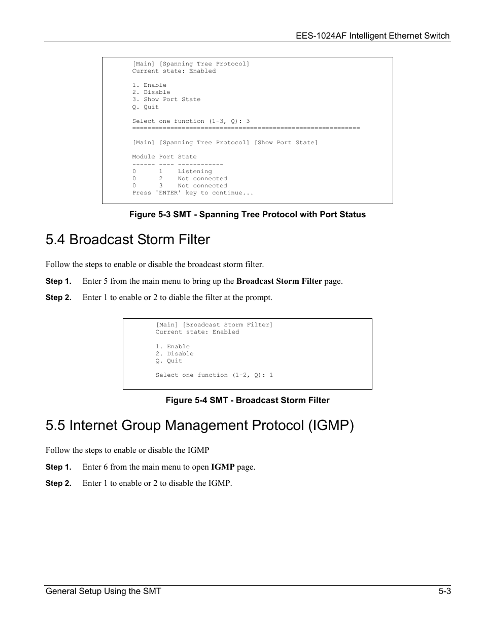 Broadcast storm filter, Internet group management protocol (igmp), 4 broadcast storm filter | 5 internet group management protocol (igmp) | ZyXEL Communications EES-1024AF User Manual | Page 53 / 99