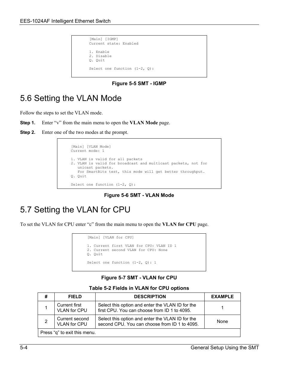 Setting the vlan mode, Setting the vlan for cpu, Table 5-2 fields in vlan for cpu options -4 | 6 setting the vlan mode, 7 setting the vlan for cpu | ZyXEL Communications EES-1024AF User Manual | Page 54 / 99